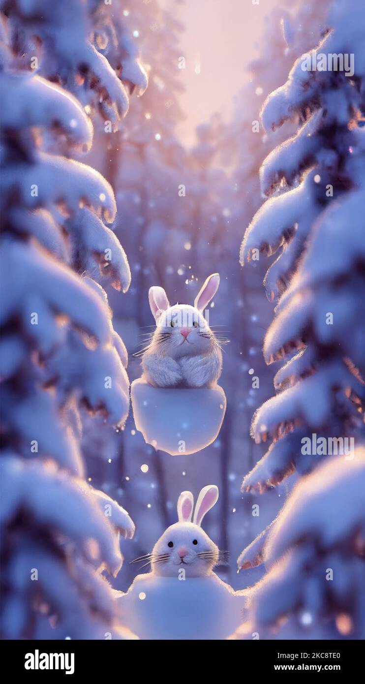 A closeup of two bunnies playing in snowfilled trees Stock Photo Alamy