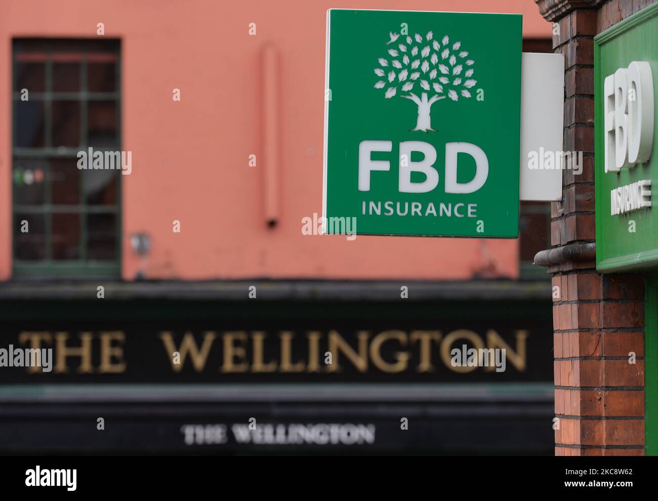 An FBD Insurance logo seen outside FBD Insurance branch in Dublin city center during Level 5 Covid-19 lockdown. The High Court has ruled that three Dublin pubs amd one from Athlone are entitled to be compensated by FBD Insurance for the disruption their businesses suffered due to the Covid-19 pandemic. On Saturday, February 6, 2021, in Dublin, Ireland. (Photo by Artur Widak/NurPhoto) Stock Photo