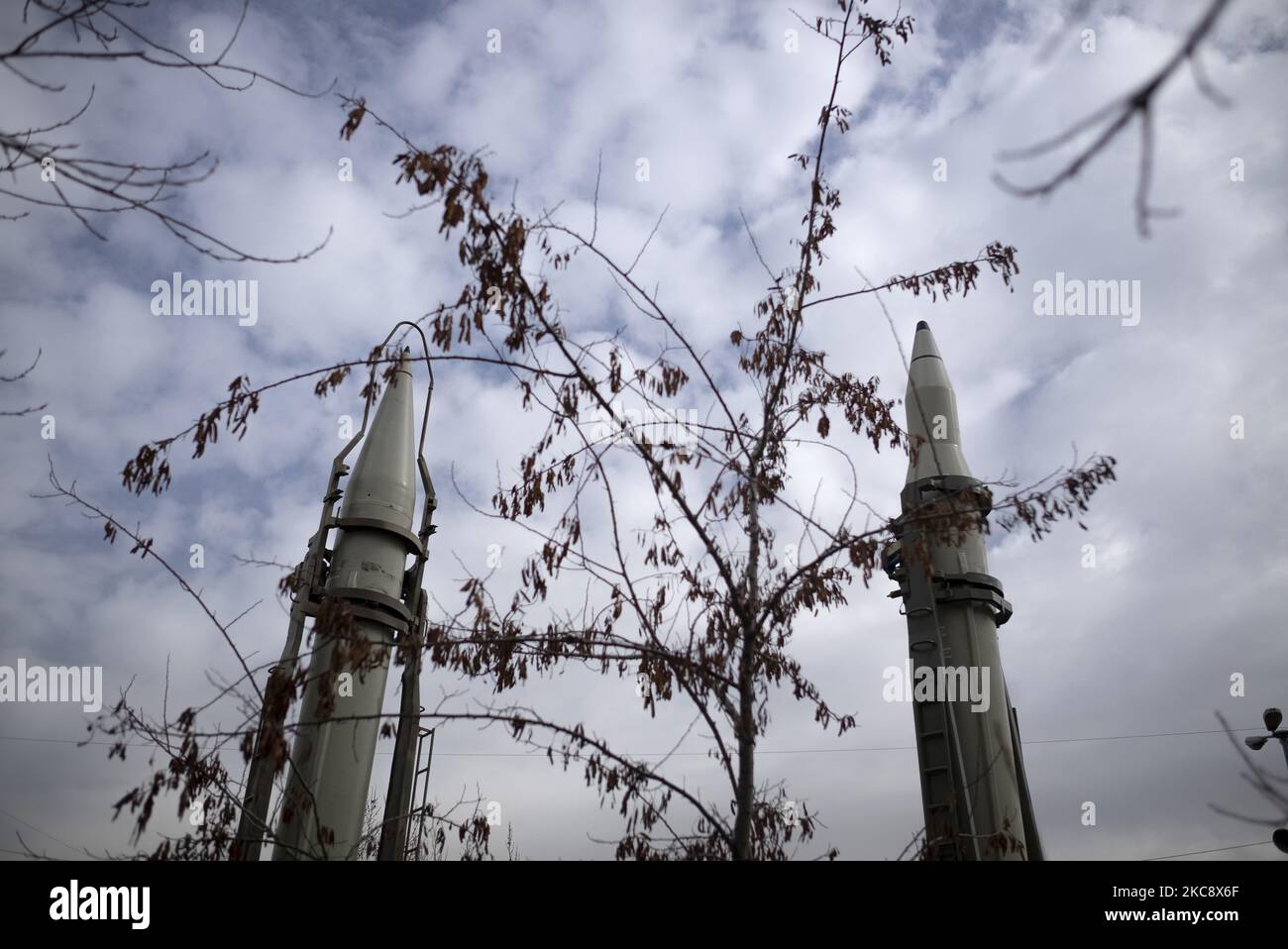 File Photo shows, Iranian surface-to-surface missiles, Shahab-1 (L) and Qiam are displayed at the Defensive Achievements Exhibition of the 40th anniversary of the Islamic Revolution in Imam Khomeini Grand Mosque in central Tehran on the second day of ten-day celebration of Islamic Revolution anniversary, February 2, 2019. (Photo by Morteza Nikoubazl/NurPhoto) Stock Photo