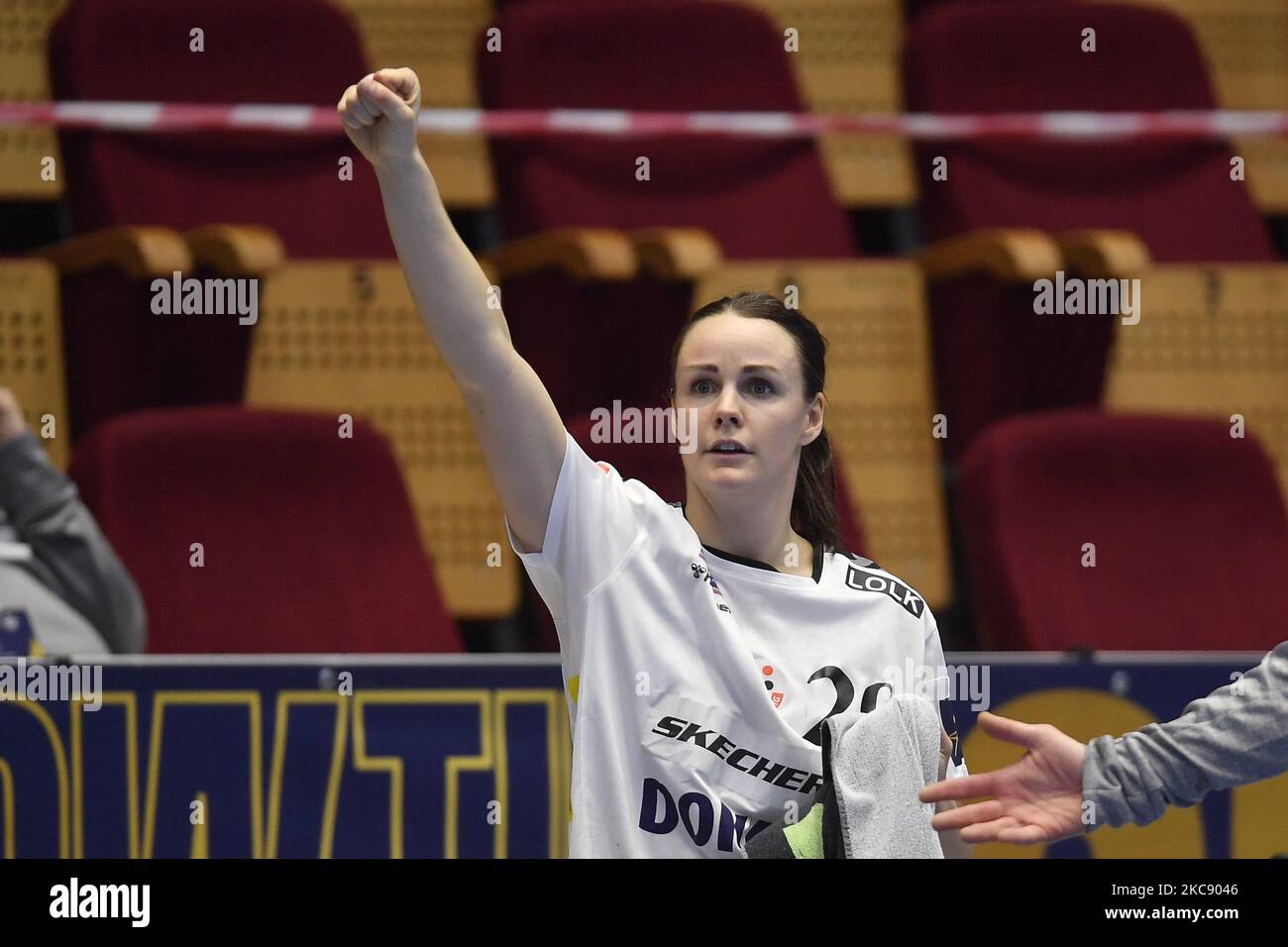 Anette Jensen of Team Esbjerg reacts during the game match between CSM Bucharest and Team Esbjerg on February 6, 2021 in Bucharest, Romania. (Photo by Alex Nicodim/NurPhoto) Stock Photo
