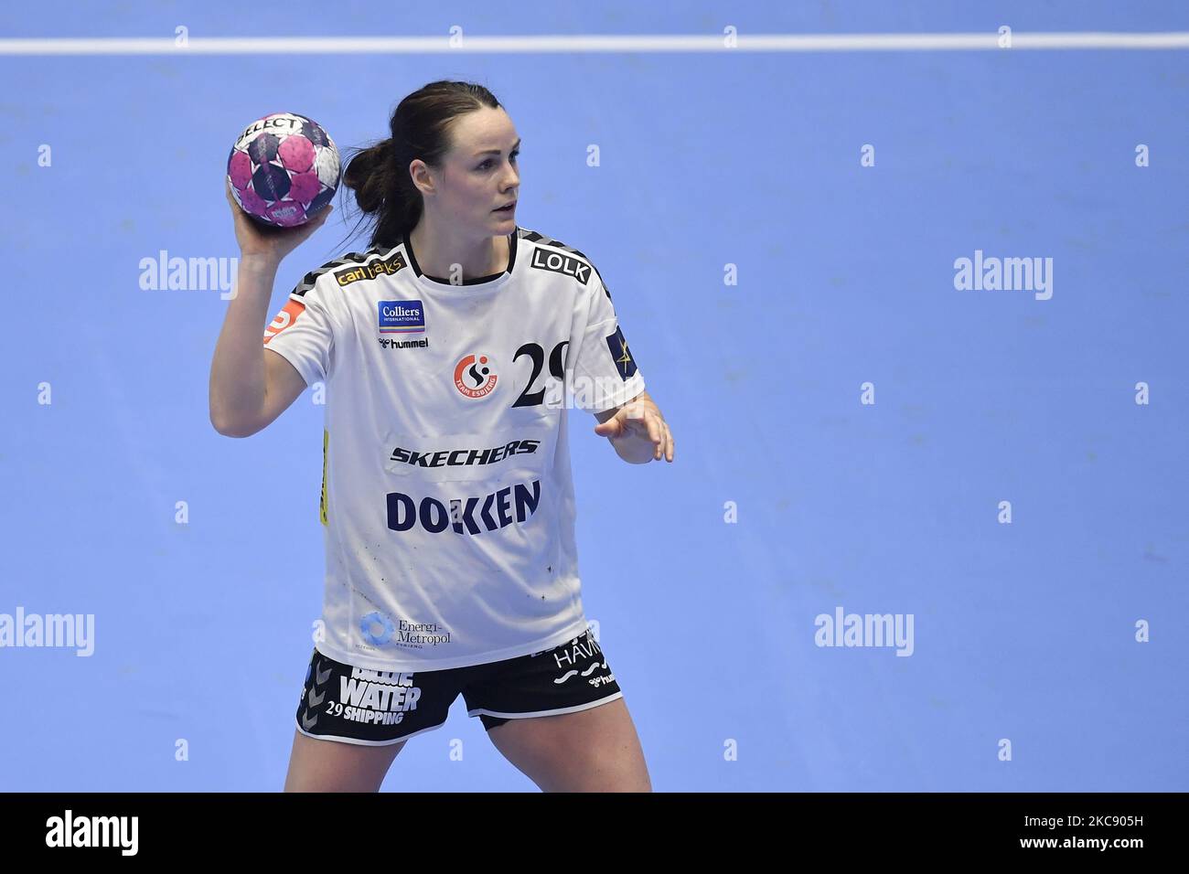 Anette Jensen of Team Esbjerg in action during the game match between CSM Bucharest and Team Esbjerg on February 6, 2021 in Bucharest, Romania. (Photo by Alex Nicodim/NurPhoto) Stock Photo