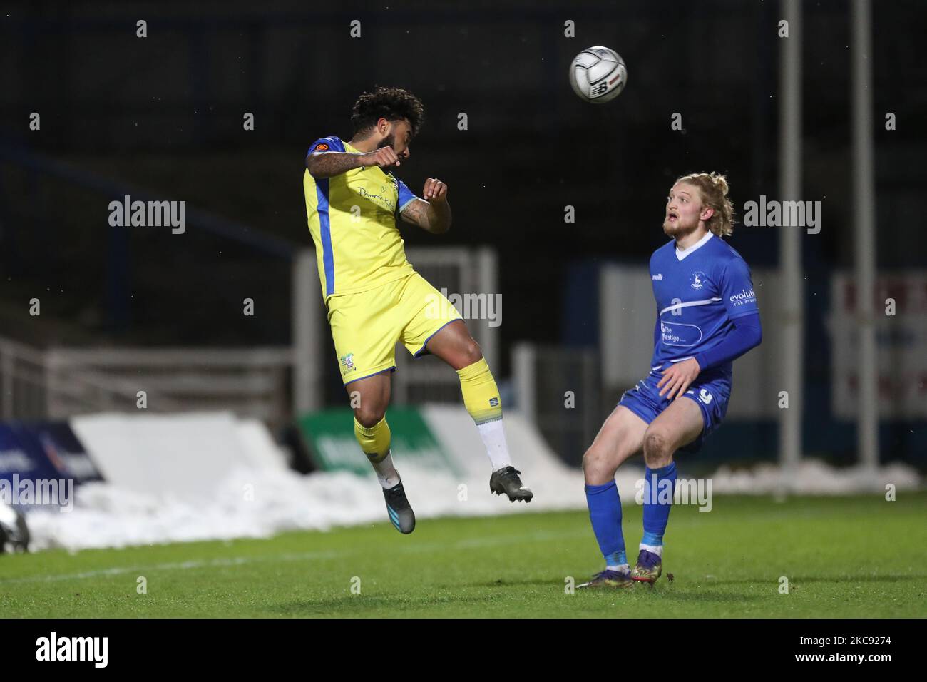 Jordan Cranston of Solihull Moors contests a header with Hartlepool United's Luke Armstrong during the Vanarama National League match between Hartlepool United and Solihull Moors at Victoria Park, Hartlepool on Tuesday 9th February 2021. (Photo by Mark Fletcher/MI News/NurPhoto) Stock Photo