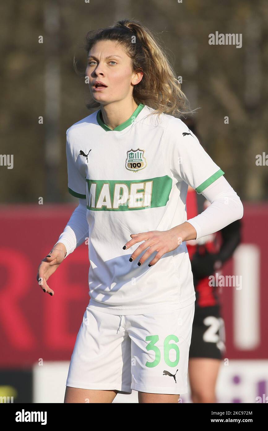 Michela Cambiaghi of US Sassuolo looks on during the Women Coppa Italia match between AC Milan and US Sassuolo at Centro Sportivo Vismara on February 13, 2021 in Milan, Italy. (Photo by Giuseppe Cottini/NurPhoto) Stock Photo