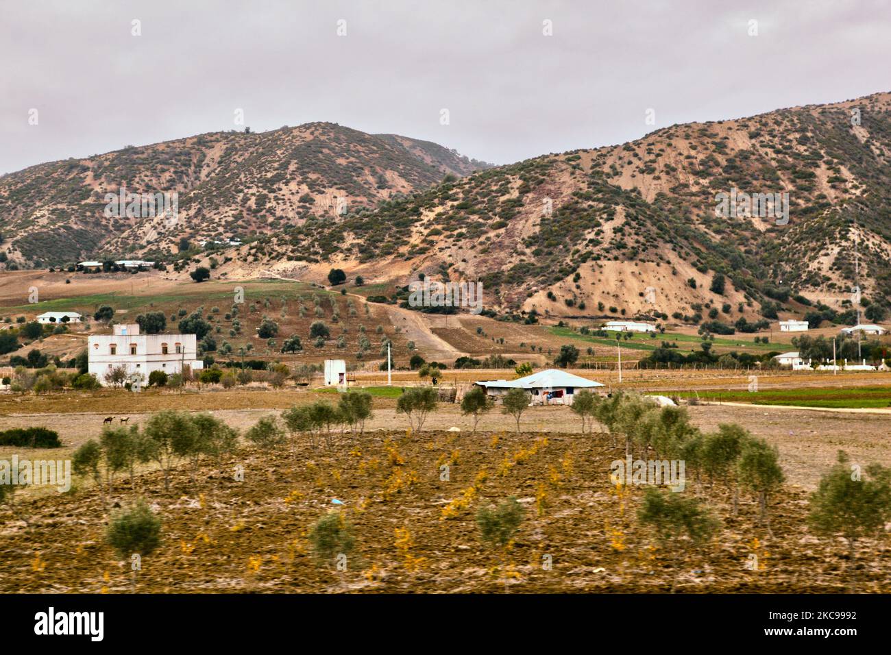 Scenic mountainous landscape of farmland and rural homes in the Riff ...