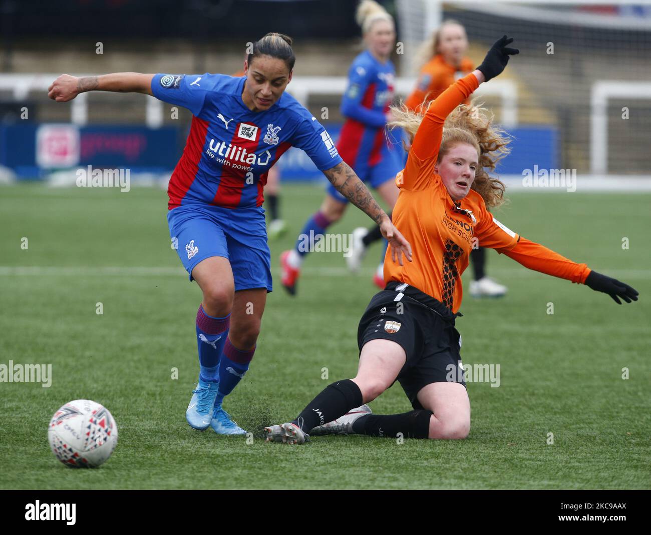 L r bianca baptiste of crystal palace women takes on olivia smith of