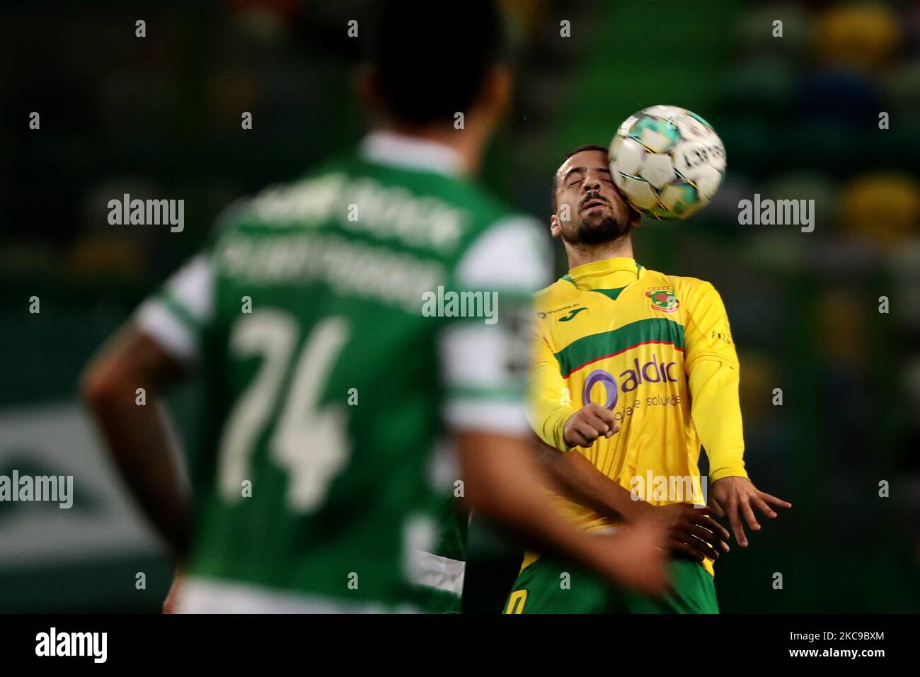 Bruno Costa of FC Pacos Ferreira in action during the Portuguese League football match between Sporting CP and FC Pacos de Ferreira at Jose Alvalade stadium in Lisbon, Portugal on February 15, 2021. (Photo by Pedro FiÃºza/NurPhoto) Stock Photo