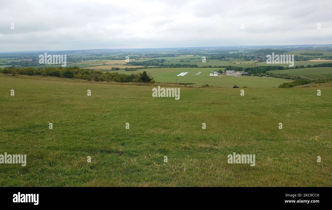 A beautiful view of green fields with trees under the cloudy sky Stock ...