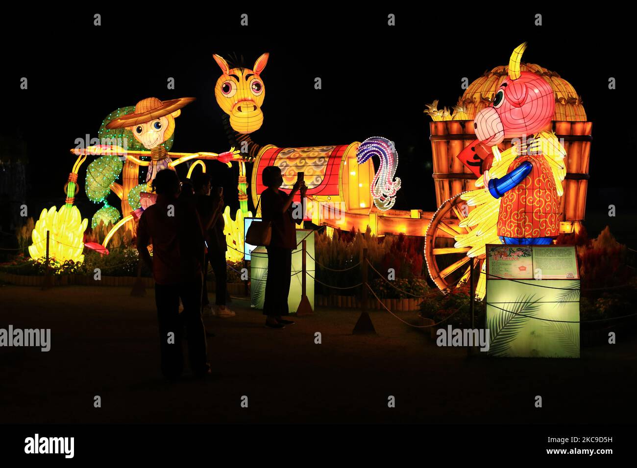 People look at a Chinese zodiac lanterns display during the River