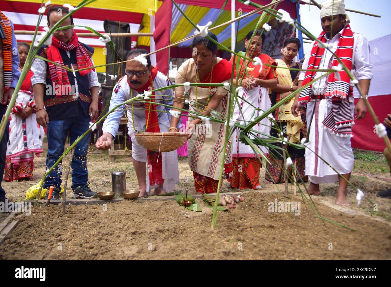 Misings tribe peoples perform a rituals during Ali-Aye-Ligang festival - spring festivalÂ in Nagaon district, in the northeastern state of Assam, India on February 17,2021. The Mising is the second largest tribe of Assam and the spring festival Ali Aye Ligang is the prime festival celebrated among the Mising tribe. (Photo by Anuwar Hazarika/NurPhoto) Stock Photo