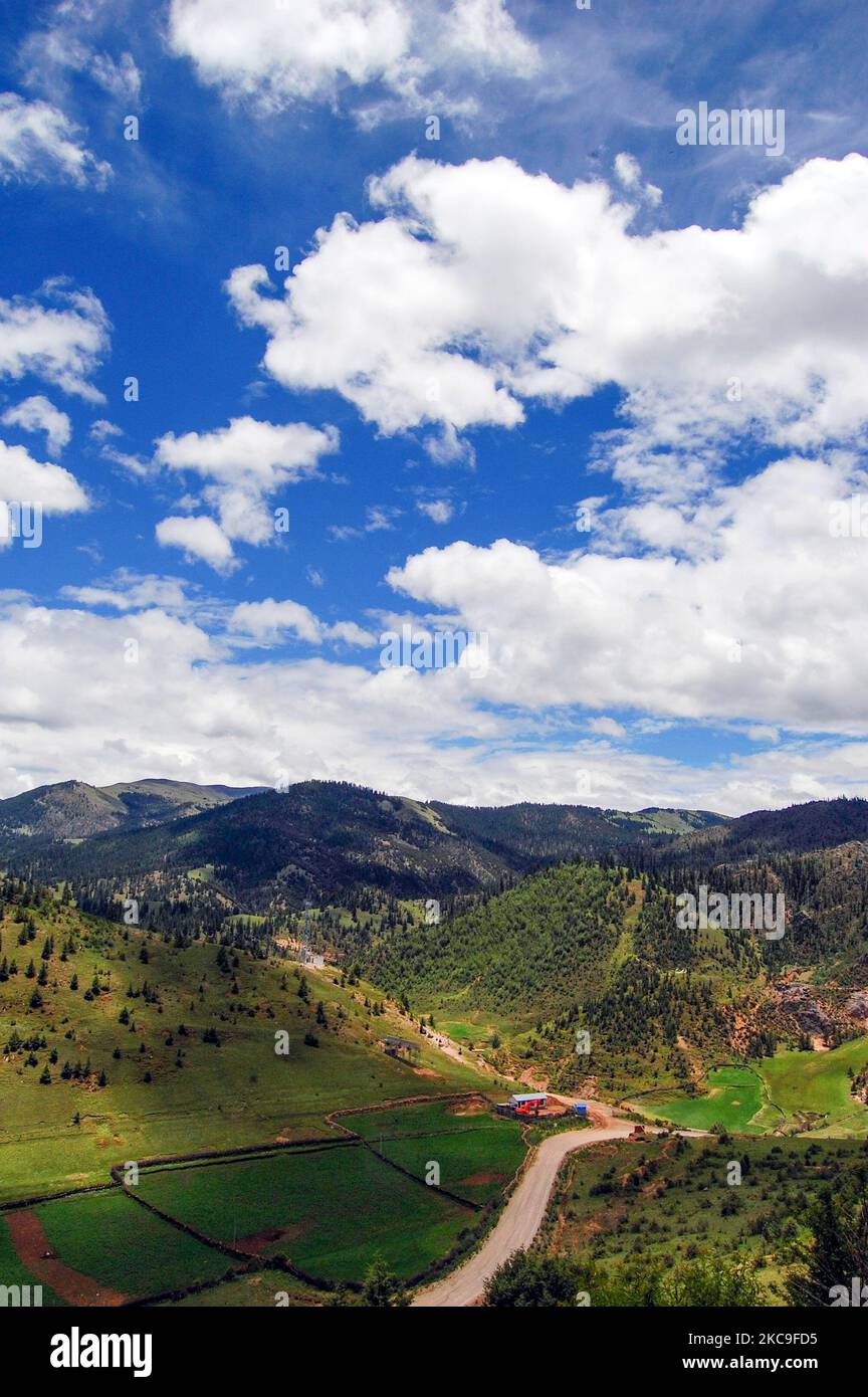 An aerial view of rural landscape with lush green fields and mountain ...