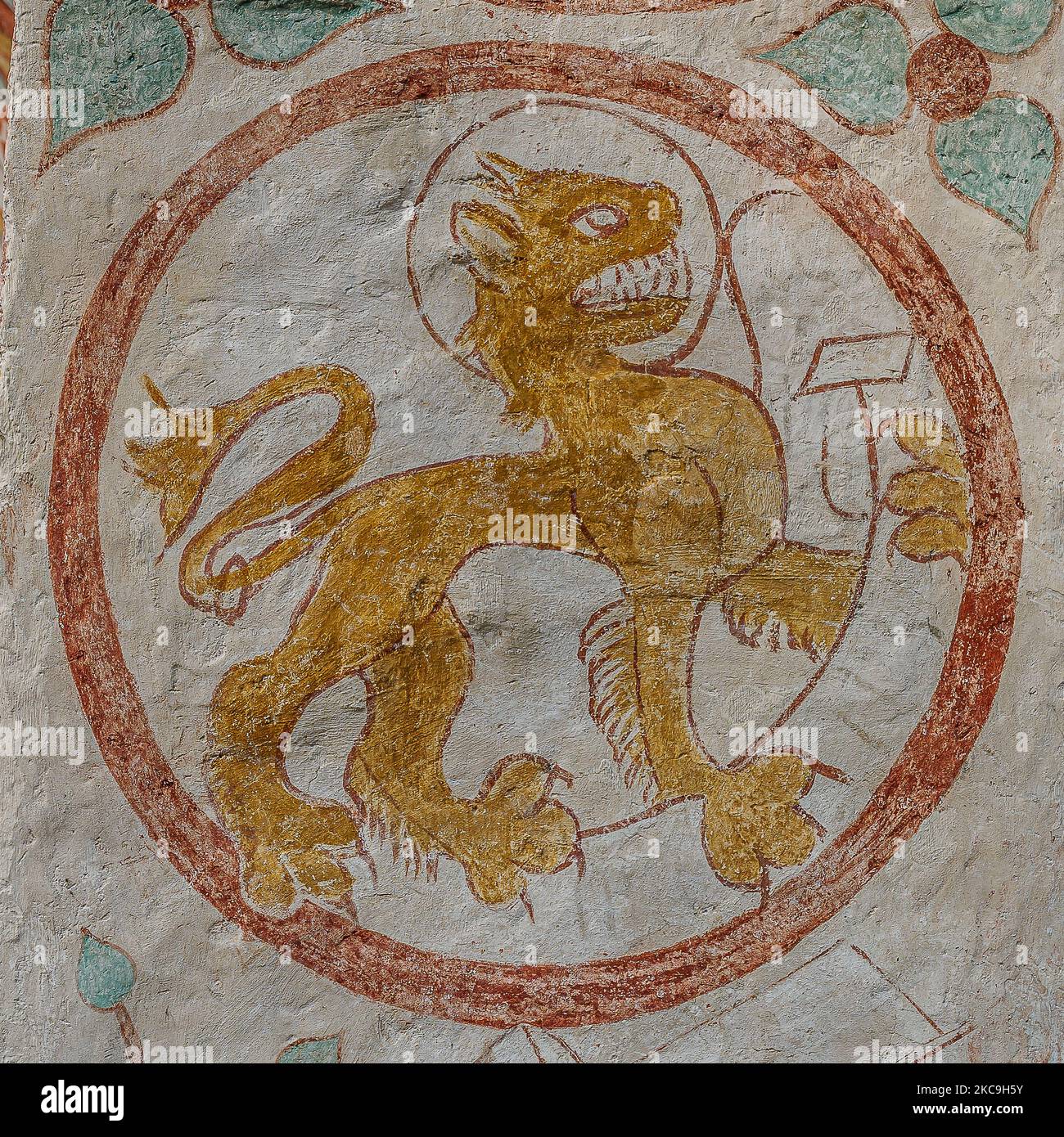 the winged lion is a symbol for Saint Mark, an ancient fresco in Fanefjord church, Denmark, October 10, 2022 Stock Photo