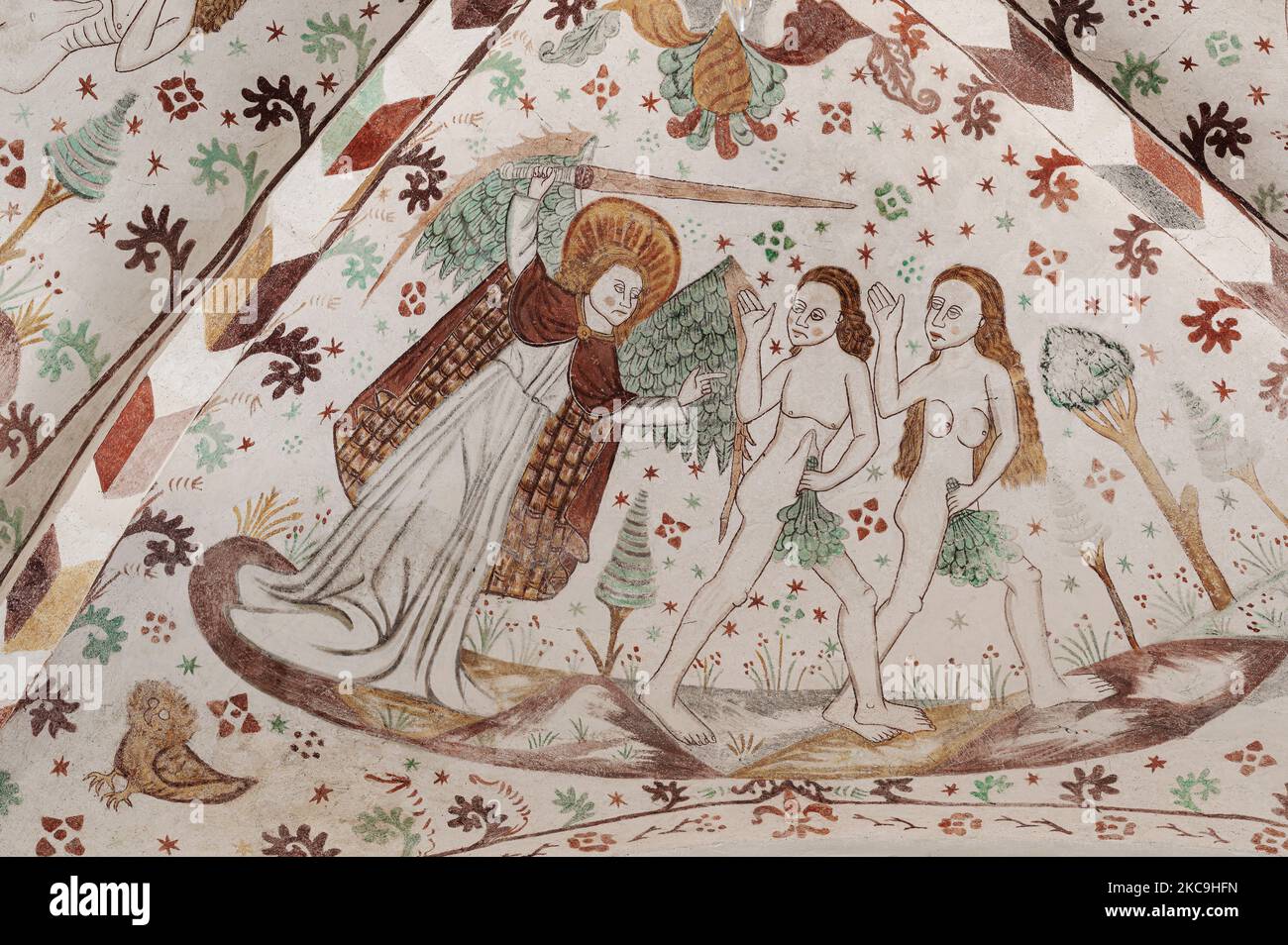 the expulsion from the garden by an angel with a sword, fresco in Fanefjord church, Denmark, October 10, 2022 Stock Photo