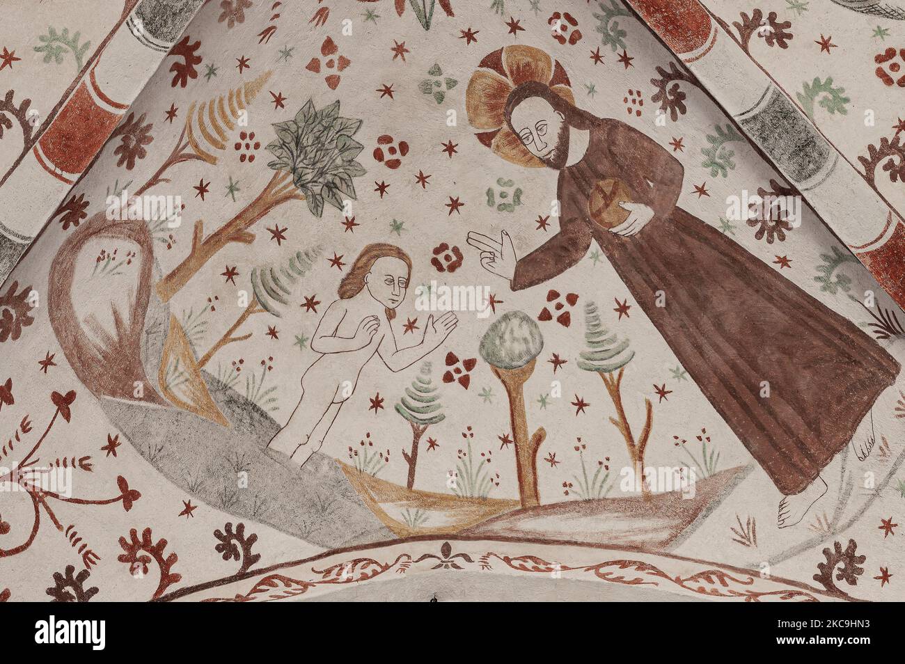 the creation of man from dust, mural in Fanefjord church, Denmark, October 10, 2022 Stock Photo