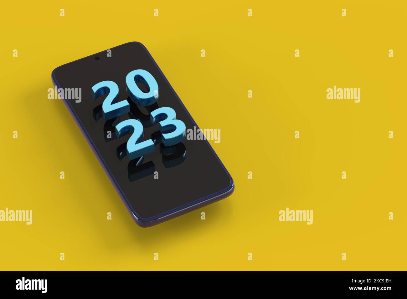 Mobile phone with 2023 text in three dimensions. New year concept. Isometric projection. 3d illustration. Stock Photo