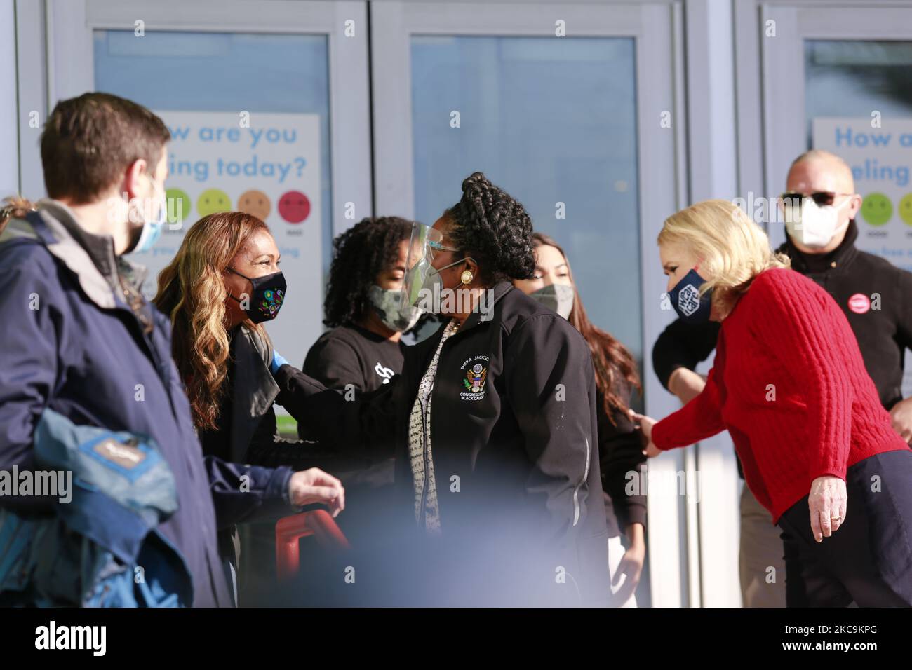 Congresswoman Sheila Jackson Lee, Congresswoman Sylvia Garcia, and Congresswoman Alexandria Ocasio-Cortez share a moment after speaking to the press at the Houston Food Bank on the morning of Saturday, February 20, 2021. (Photo by Reginald Mathalone/NurPhoto) Stock Photo