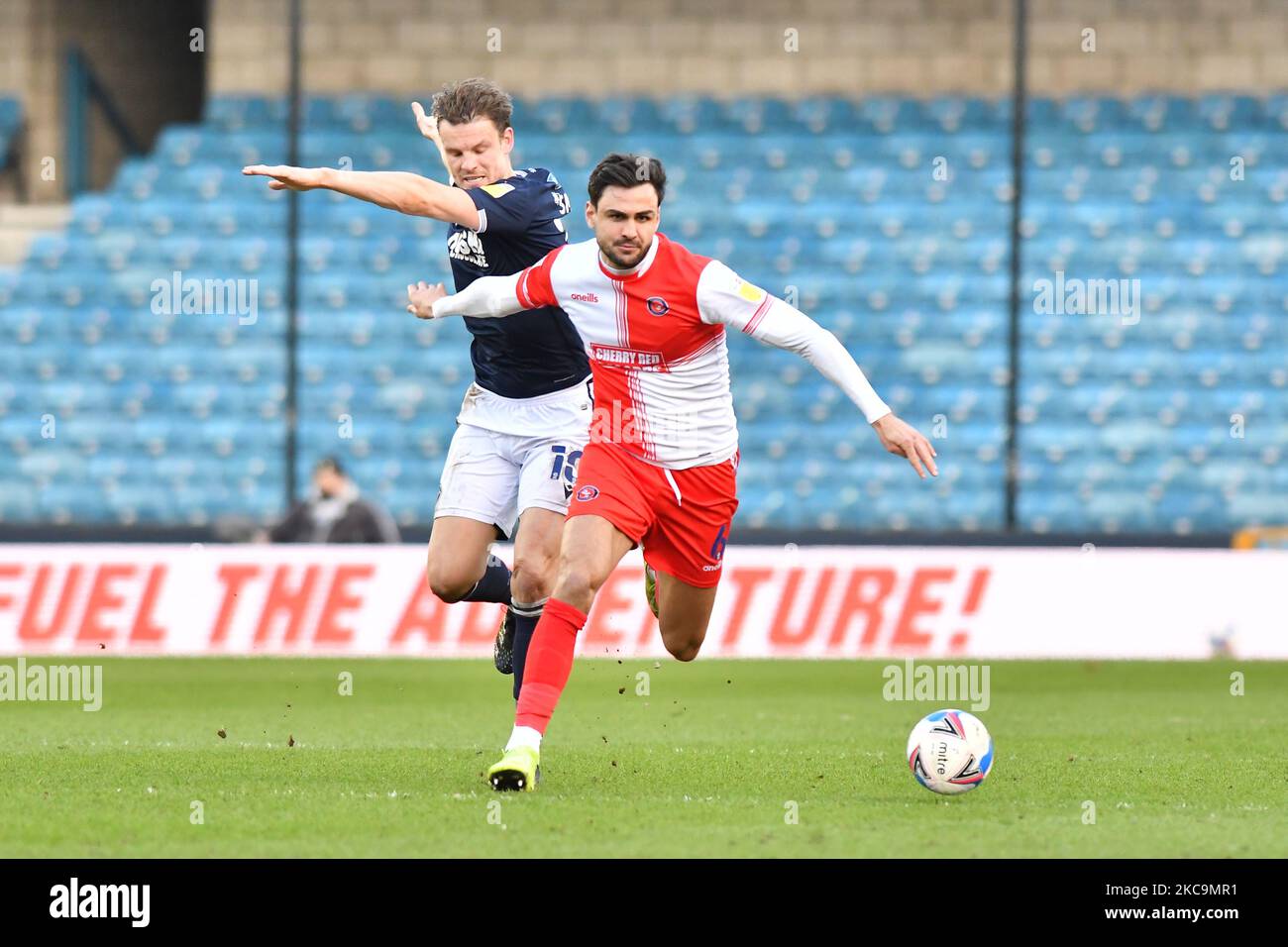 Ryan Tafazolli,Matt Smith during the Sky Bet Championship match between Millwall and Wycombe Wanderers at The Den on February 20, 2021 in London, England. (Photo by MI News/NurPhoto) Stock Photo