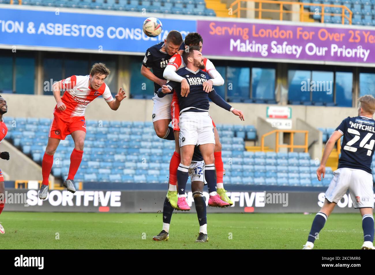 Ryan Tafazolli,Shaun Hutchinson,Tom Bradshaw during the Sky Bet Championship match between Millwall and Wycombe Wanderers at The Den on February 20, 2021 in London, England. (Photo by MI News/NurPhoto) Stock Photo