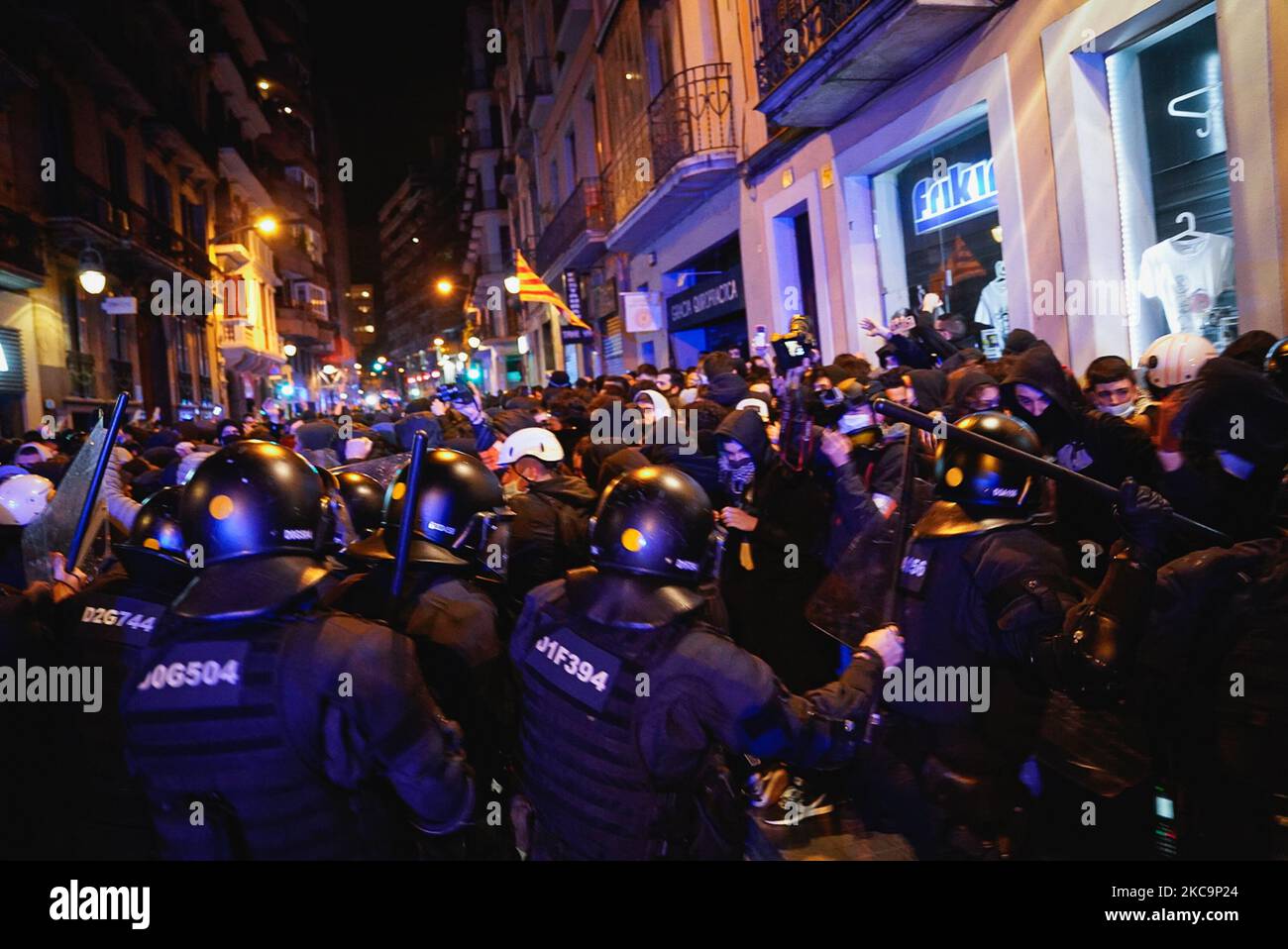 Riot police during the fifth night of protest against the imprisonment ...