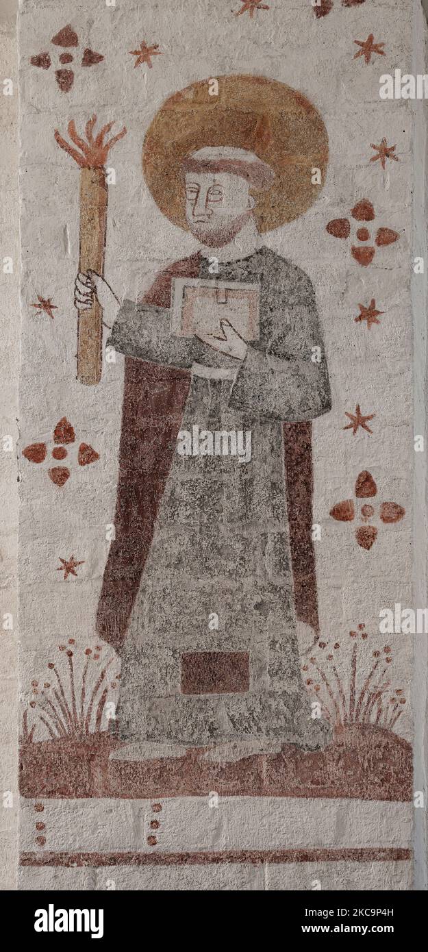 William of Æbelholt with a torch, fresco in Fanefjord church, Denmark, October 10, 2022 Stock Photo