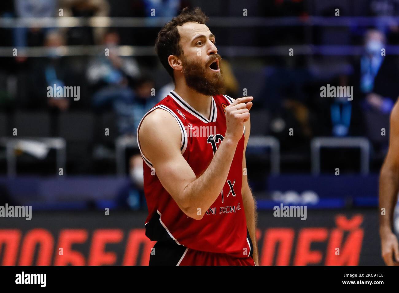 Sergio Rodriguez of Milan gestures during the EuroLeague Basketball match  between Zenit St. Petersburg and AX Armani Exchange Milan on February 22,  2020 at Sibur Arena in Saint Petersburg, Russia. (Photo by