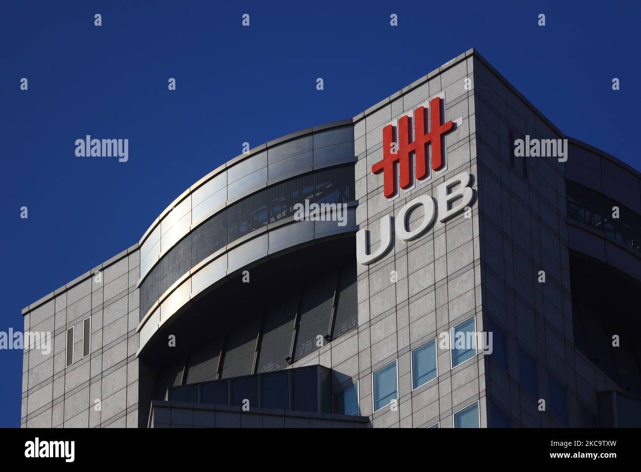 The United Overseas Bank (UOB) logo is displayed atop UOB Plaza One in the central business district on February 23, 2021 in Singapore. UOB is scheduled to release full year earnings results on Feb 25. (Photo by Suhaimi Abdullah/NurPhoto) Stock Photo