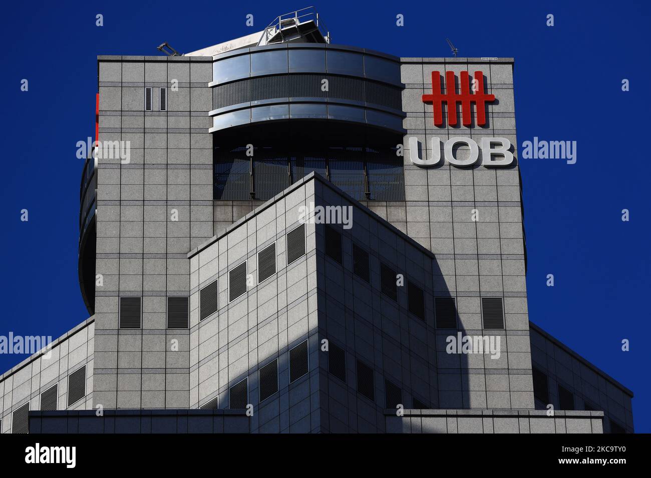 The United Overseas Bank (UOB) logo is displayed atop UOB Plaza One in the central business district on February 23, 2021 in Singapore. UOB is scheduled to release full year earnings results on Feb 25. (Photo by Suhaimi Abdullah/NurPhoto) Stock Photo