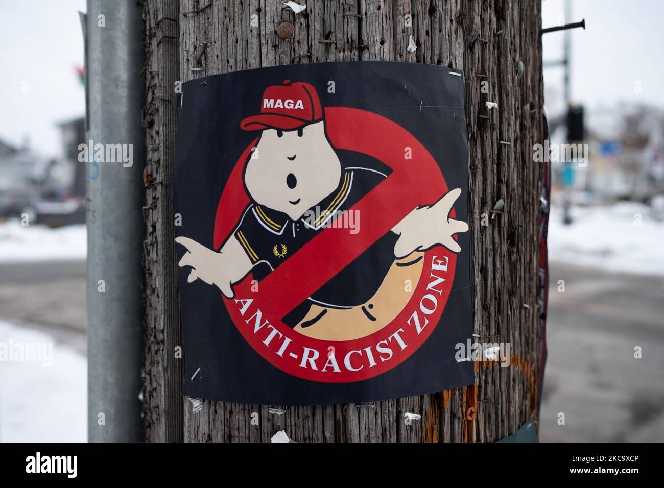 An anti-racist sign at George Floyd Square warns MAGA supporters and Proud Boys that they are not welcome at the site. February 20, 2021. (Photo by Tim Evans/NurPhoto) Stock Photo
