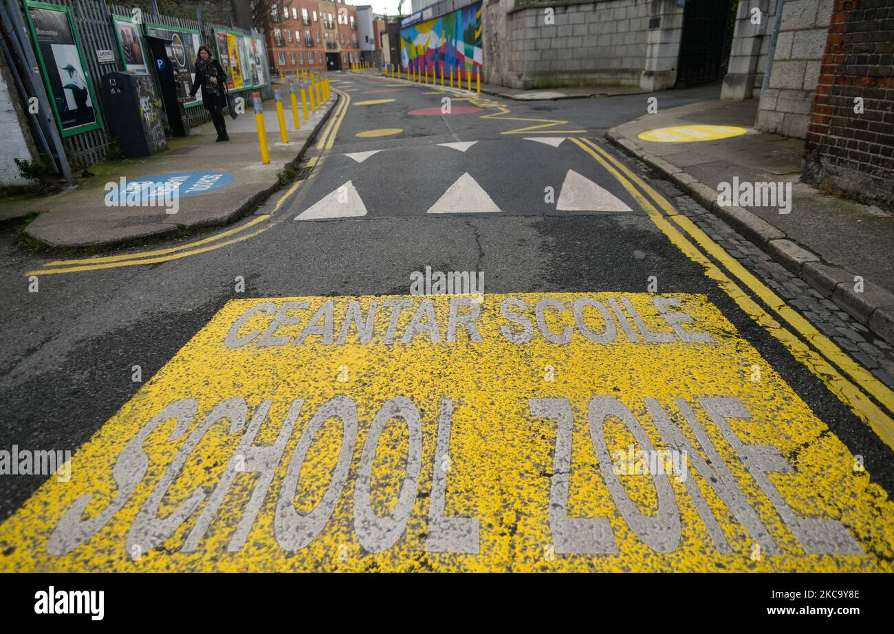 A School Zone sign seen on the street outside a closed school in Dublin