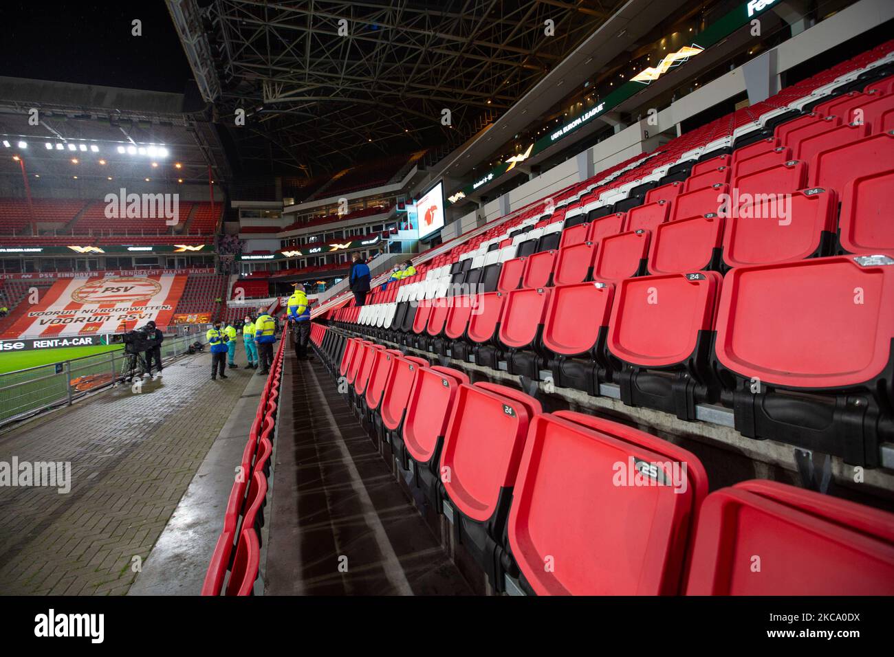 Inside the PSV stadium without fans during the UEFA Europa League Round of 32 match between PSV Eindhoven and Olympiakos Piraeus at on February 25, 2021 in Eindhoven, Netherlands. during the UEFA Europa League Round of 32 match between PSV Eindhoven and Olympiakos Piraeus at on February 25, 2021 in Eindhoven, Netherlands. (Photo by Nicolas Economou/NurPhoto) Stock Photo