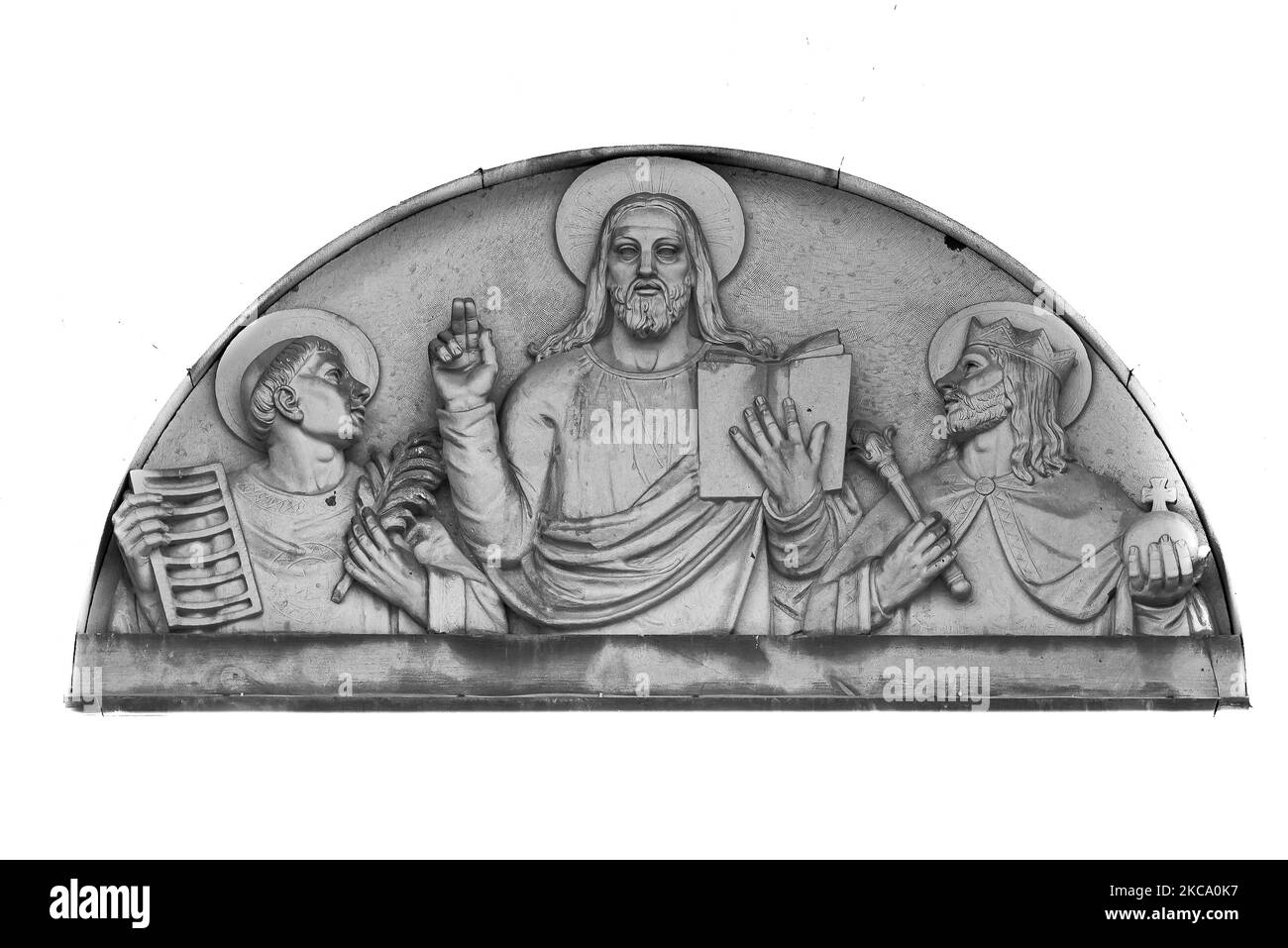 Pediment of Lund cathedral with Jesus Christ, Saint Canute and Saint Lawrence, Sweden, November 3, 2021 Stock Photo