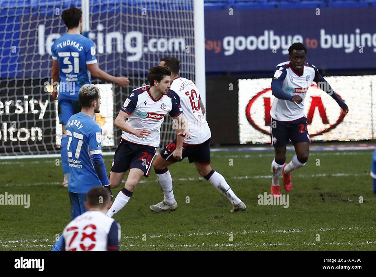 Boltons Shaun Miller celebrates the injury time winne during the Sky Bet League 2 match between Bolton Wanderers and Barrow at the Reebok Stadium, Bolton on Saturday 27th February 2021. (Photo by Chris Donnelly/MI News/NurPhoto) Stock Photo