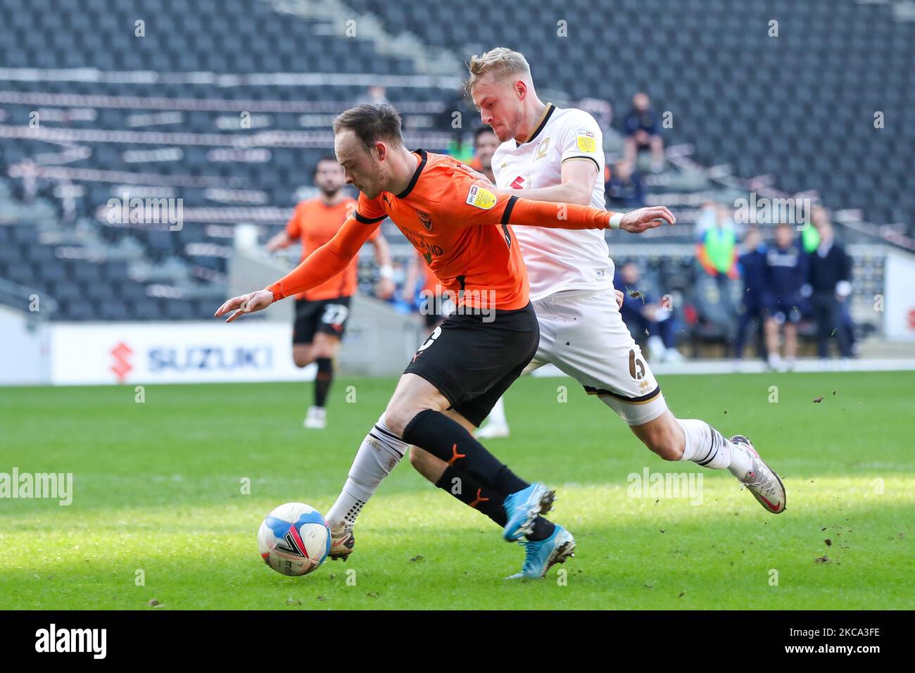 Oxford United's Brandon Barker is tackled by Milton Keynes Dons Harry Darling during the first half of the Sky Bet League One match between MK Dons and Oxford United at Stadium MK, Milton Keynes on Saturday 27th February 2021. (Photo by John Cripps/MI News/NurPhoto) Stock Photo
