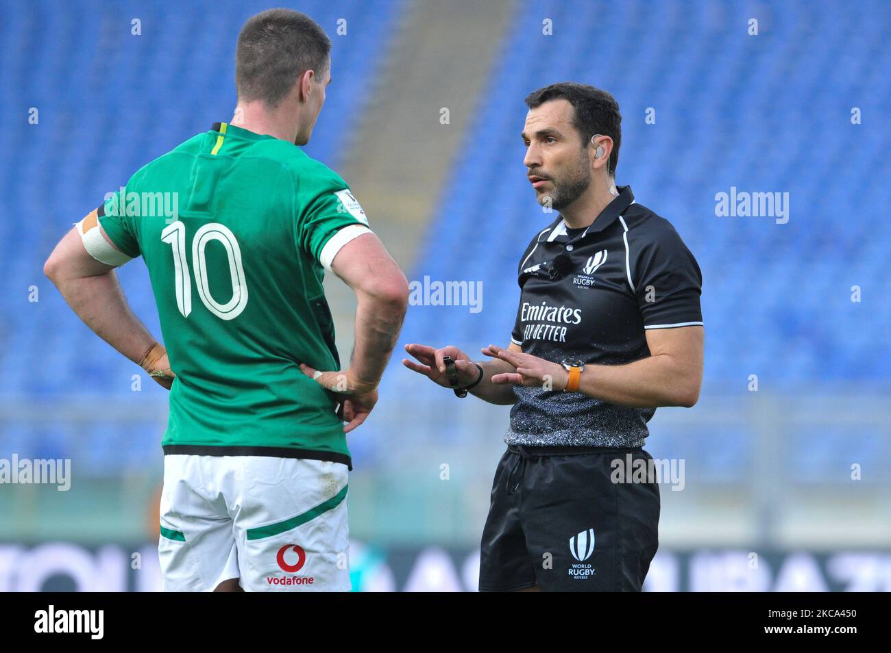 French referee Mathieu Raynal speaking with Irish Captain Jonathan Sexton during the 2021 Guinness Six Nations Rugby Championship match between Italy and Ireland at the Olimpic Stadium (Stadio Olimpico) in Rome, Italy, on February 27, 2021. The match is played behind closed doors because of Covid19 pandemy. (Photo by Lorenzo Di Cola/NurPhoto) Stock Photo