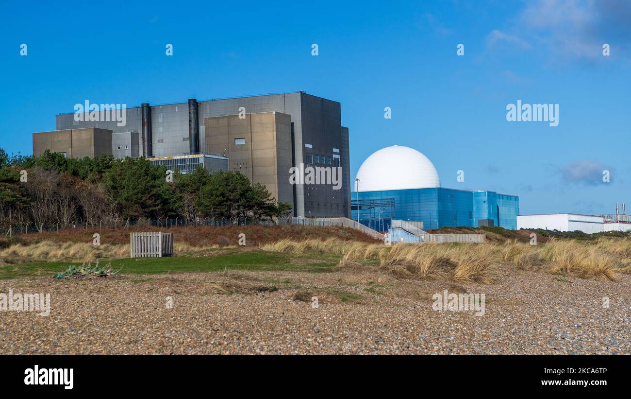Sizewell nuclear site consists of two nuclear power stations, one of which is still operational, located near the small fishing village of Sizewell Stock Photo