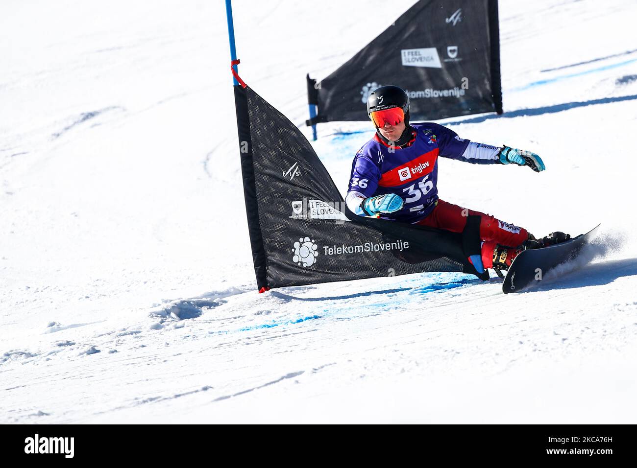 Galmarini Nevin from Suise competes in the Men's Parallel Slalom Finals during the FIS Snowboard World Championships 2021 on February 02, 2021 on Rogla, Slovenia. (Photo by Damjan Zibert/NurPhoto) Stock Photo