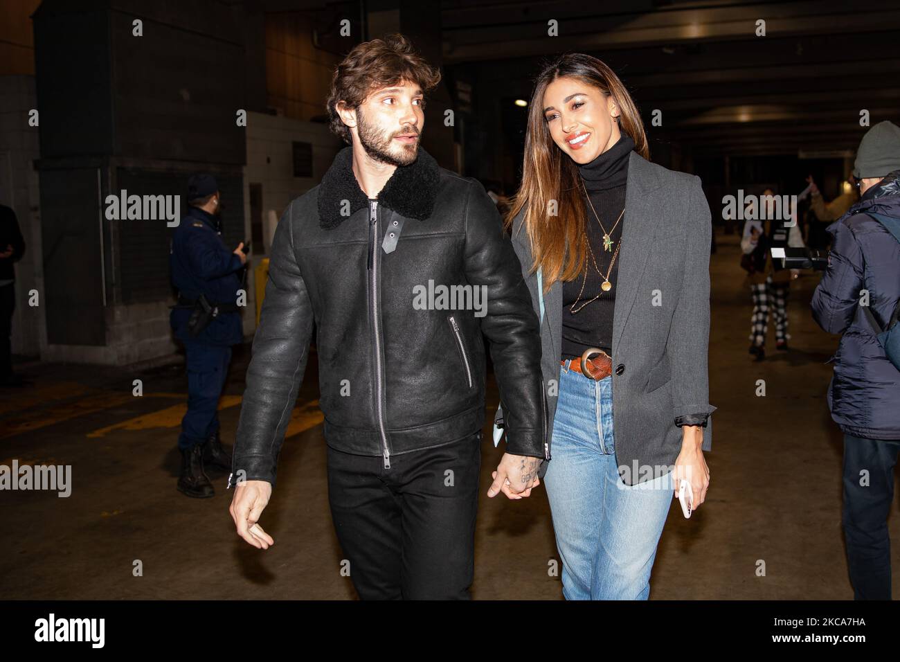 Stefano De Martino and Belén Rodríguez attends the Marcelo Burlon fashion show during Milan Men's Fashion Week Fall/Winter 2020/2021 on January 11, 2020 in Milan, Italy (Photo by Alessandro Bremec/NurPhoto) Stock Photo