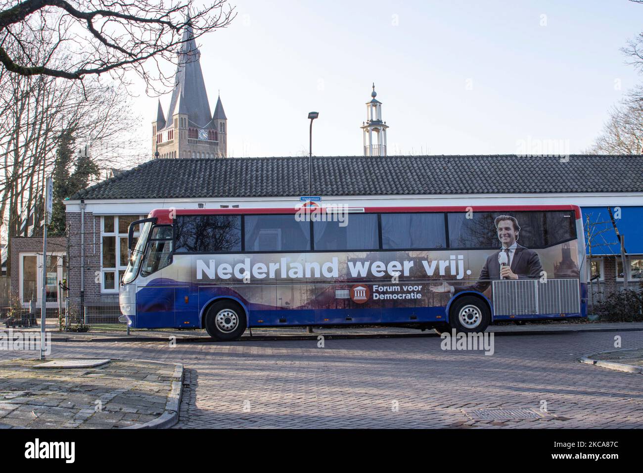 The elections campaign bus of Thierry Baudet in Breda city during an anti-lockdown protest against the safety measures that the Dutch government imposed to fight the spread of the Covid-19 Coronavirus Pandemic. Thierry Henri Philippe Baudet is a Dutch politician and author, founder and leader of Forum for Democracy in Dutch Forum voor Democratie, FvD a conservative right-wing populist political party, leader of the party in the parliament, and member of the House of Representatives. Breda, the Netherlands on March 2, 2021 (Photo by Nicolas Economou/NurPhoto) Stock Photo