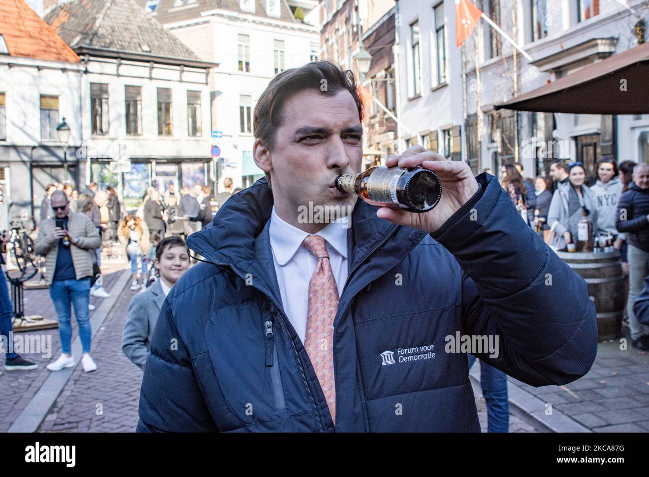 Thierry Baudet as seen drinking beer in Breda city during an anti-lockdown protest against the safety measures that the Dutch government imposed to fight the spread of the Covid-19 Coronavirus Pandemic. Thierry Henri Philippe Baudet is a Dutch politician and author, founder and leader of Forum for Democracy in Dutch Forum voor Democratie, FvD a conservative right-wing populist political party, leader of the party in the parliament, and member of the House of Representatives. Breda, the Netherlands on March 2, 2021 (Photo by Nicolas Economou/NurPhoto) Stock Photo