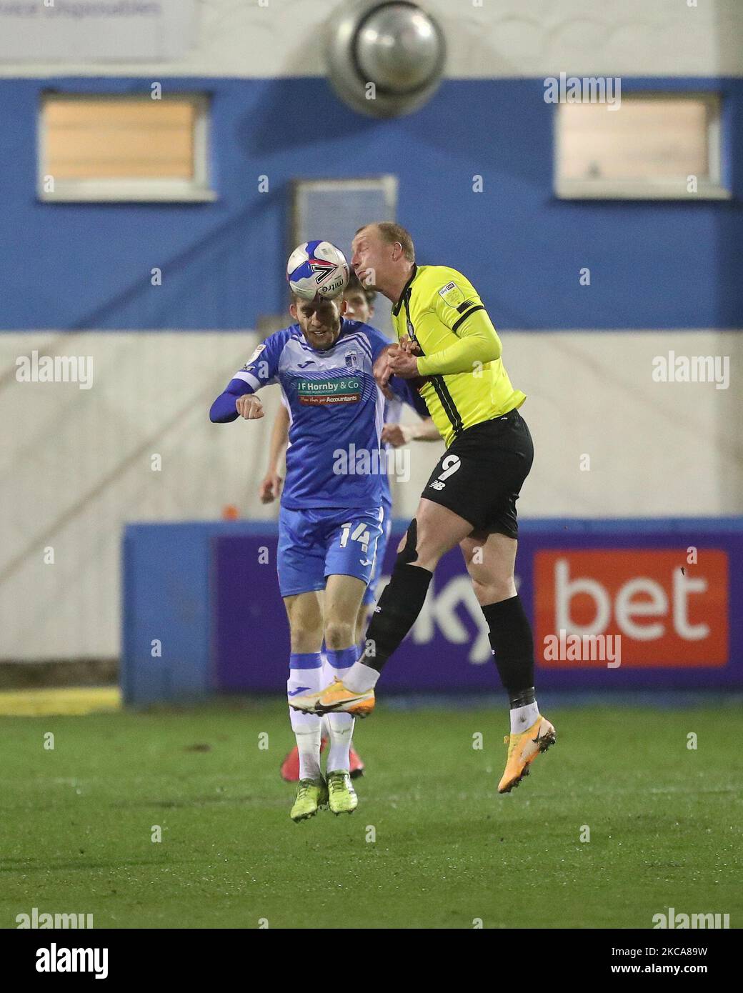 James Jones of Barrow contests a header with Mark Beck of Harrogate Town during the Sky Bet League 2 match between Barrow and Harrogate Town at the Holker Street, Barrow-in-Furness on Tuesday 2nd March 2021. (Photo by Mark Fletcher/MI News/NurPhoto) Stock Photo