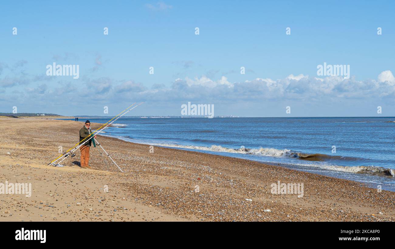 anglers on the beach at sizewell suffolk Stock Photo