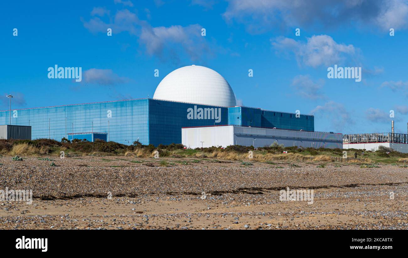 Sizewell nuclear site consists of two nuclear power stations, one of which is still operational, located near the small fishing village of Sizewell Stock Photo