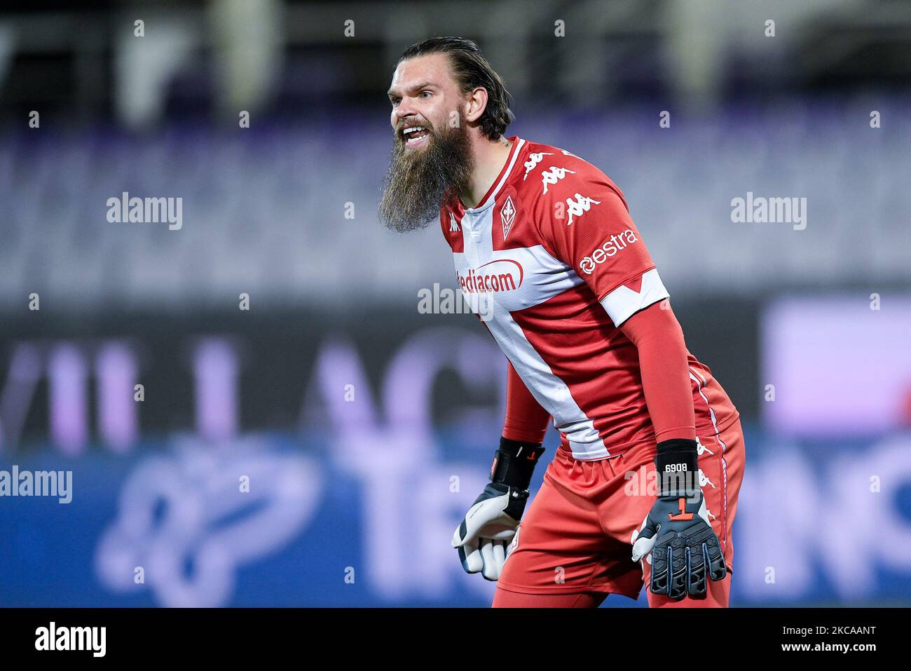 Bartlomiej Dragowski of ACF Fiorentina yells during the Serie A match between ACF Fiorentina and AS Roma at Stadio Artemio Franchi, Florence, Italy on 3 March 2021. (Photo by Giuseppe Maffia/NurPhoto) Stock Photo