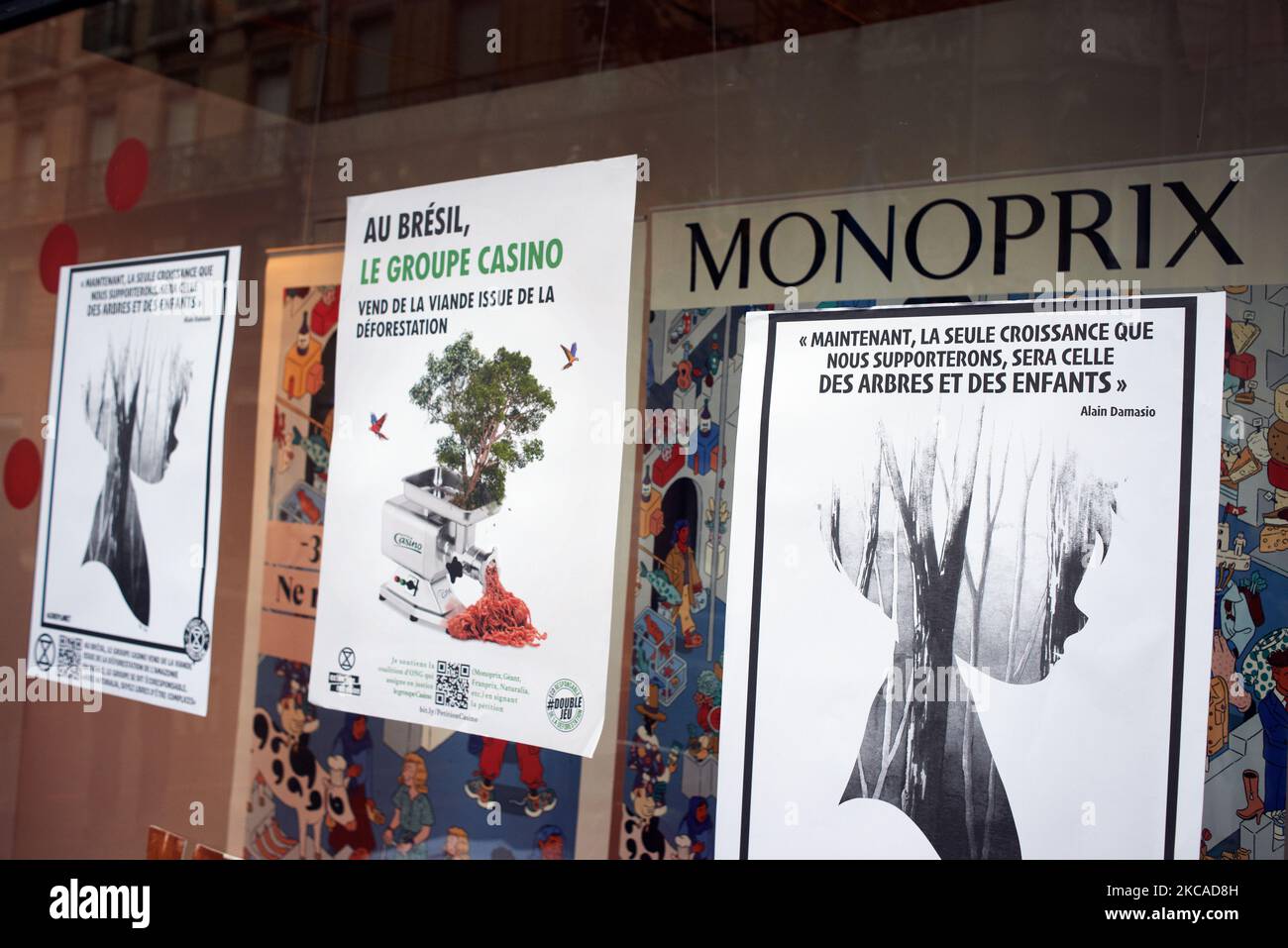 Posters reading 'Now, the only growth we'll tolerate will be this of our children and this of trees' and 'In Brazil, Casino group sell meat from deforestation' in front of the Monoprix store. XR Toulouse filtered the entrance of a Monoprix store as XR supports a legal action against Casino group (Casino, Monoprix, Naturalia, Franprix, etc.). This legal action against Casino group was launched by a collective of NGOs and associations (Opiac, Canopee, envol vert, sherpa, notre affaire a tous..) because they point the responsability of Casino group in the cutting of the Amazon rainforest. In 2019 Stock Photo
