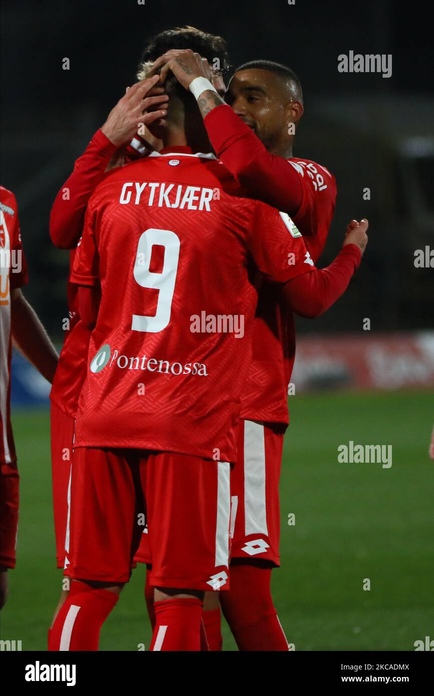 Christian Gytkjaer of AC Monza celebrate the goal during the during the Serie B match between AC Monza and Pordenone Calcio at Stadio Brianteo on March 06, 2021 in Monza, Italy. (Photo by Mairo Cinquetti/NurPhoto) Stock Photo