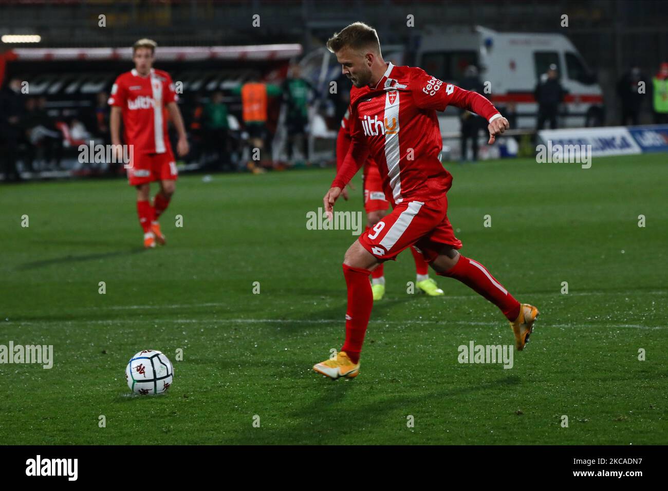 Christian Gytkjaer of AC Monza in action during the Serie B match between AC Monza and Pordenone Calcio at Stadio Brianteo on March 06, 2021 in Monza, Italy. (Photo by Mairo Cinquetti/NurPhoto) Stock Photo