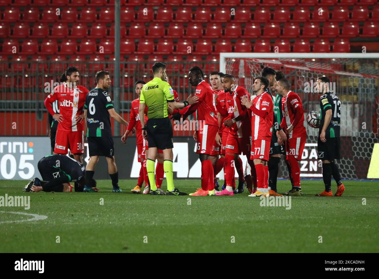 Carlos Augusto of AC Monza take a red card during the Serie B match between AC Monza and Pordenone Calcio at Stadio Brianteo on March 06, 2021 in Monza, Italy. (Photo by Mairo Cinquetti/NurPhoto) Stock Photo