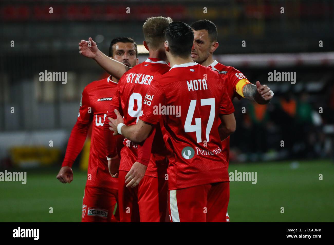 Christian Gytkjaer of AC Monza celebrate the goal during the during the Serie B match between AC Monza and Pordenone Calcio at Stadio Brianteo on March 06, 2021 in Monza, Italy. (Photo by Mairo Cinquetti/NurPhoto) Stock Photo