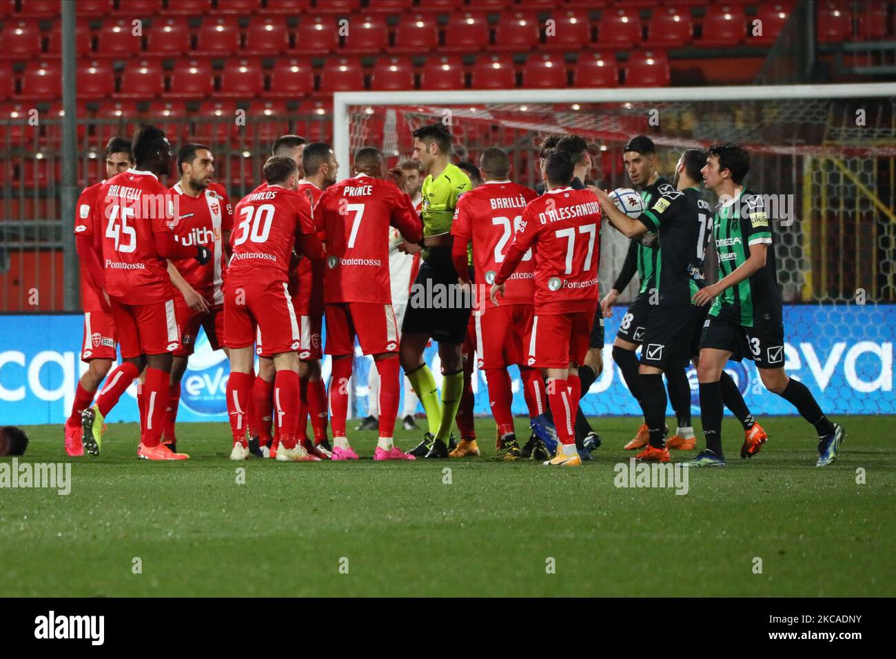 Carlos Augusto of AC Monza take a red card during the Serie B match between AC Monza and Pordenone Calcio at Stadio Brianteo on March 06, 2021 in Monza, Italy. (Photo by Mairo Cinquetti/NurPhoto) Stock Photo