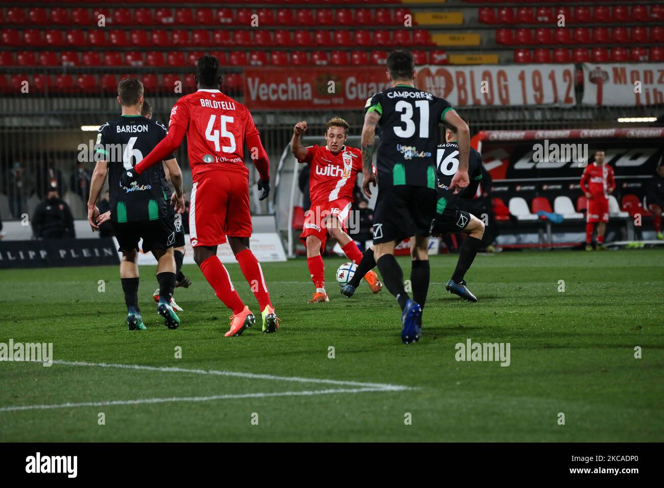 Davide Frattesi of AC Monza in action during the Serie B match between AC Monza and Pordenone Calcio at Stadio Brianteo on March 06, 2021 in Monza, Italy. (Photo by Mairo Cinquetti/NurPhoto) Stock Photo