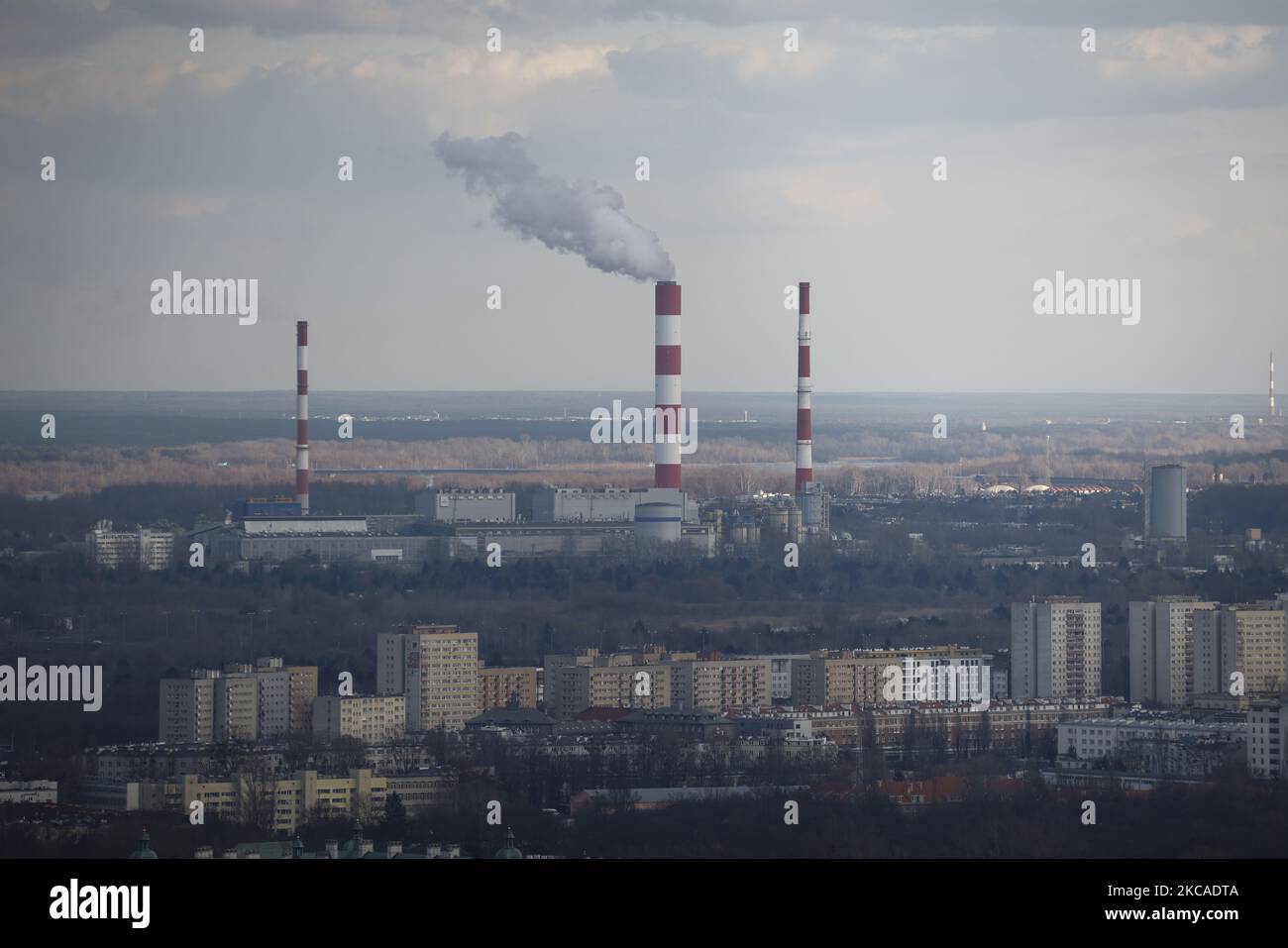The Siekierki combined heat and power station run by state owned PGNiG oil and gas company is seen in the Eastern part of Warsaw, Poland on March 6, 2021. (Photo by Jaap Arriens/NurPhoto) Stock Photo